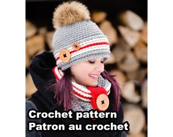 Alaska Kit. Crochet work sock hat and cowl pattern by Akroche tatuk. 4 sizes. (english and french).