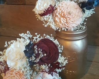 Burgundy Blush Peach Navy Blue and Ivory Garden Sola Flower Bouquets and dried Flowers Wood Flowers Alternative Bouquet