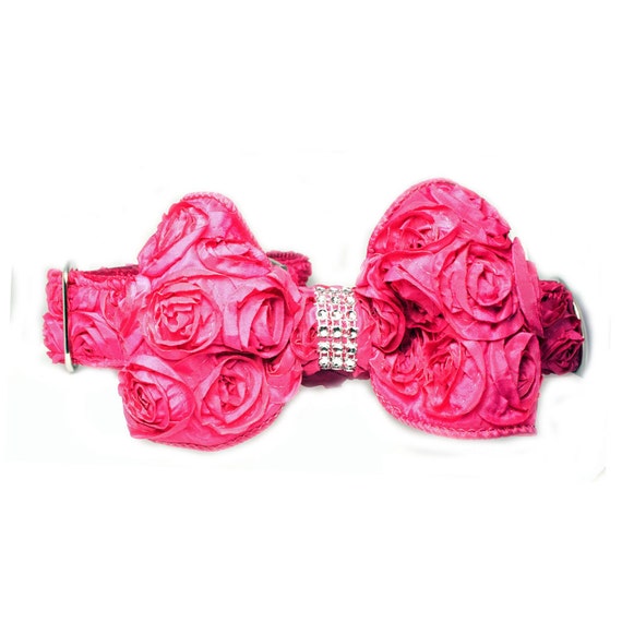 Dog Collar Bow Rosette Hot Pink Bow w/Rhinestone Bling For