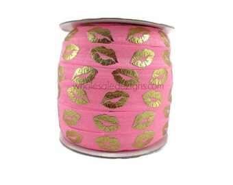 Gold Lips on Pink Elastic - Kiss - FOE Fold Over Elastic - 5/8" Gold Metallic Foil Print Headbands - Hair Ties - Shiny Satin DIY Supplies