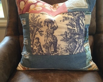 SALE vintage barkcloth toile ripped denim vintage lace pillow cover