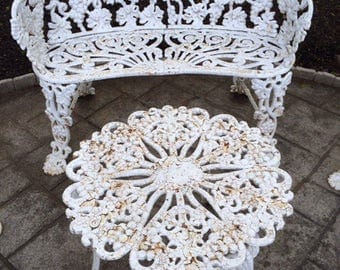 Cast iron outdoor furniture paired 4 pc.set loveseat settee bench 2 chairs table ornate grape leaf pattern classic seasonal garden seating