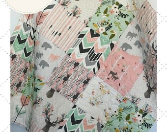 Baby Quilt Girl, Deer Crib Bedding, Baby Bedding Girl, Chevron Baby Blanket, Pink Mint Baby Bedding, Baby Blanket Girl, Buckwoods Girl