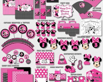 Pink and Black Polka Dot Minnie Mouse Birthday Party Printables, Pink Polka Dot Minnie Mouse Party Decorations, Minnie Mouse Party Decor