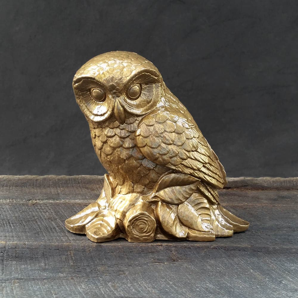 Gold Owl Figurine Vintage Owl Statue Antiqued Bronze Gold