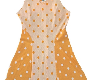 Retro 60s 70s Mellow Yellow Polka Dot Mini Dress / Medium Large / Full Skirt / Scooter