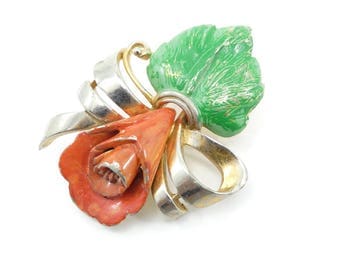 Vintage Enamel Flower Brooch, Red, Green, Gold Tone
