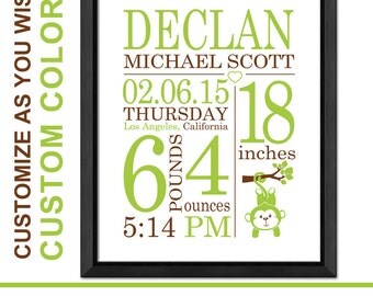 personalized new baby gift monkey, jungle baby decor, birth announcement, safari birth print, birth stats, baby stats, birth stats wall art