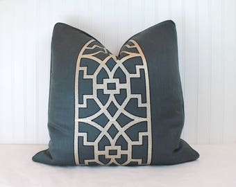 One or Both Sides - ONE Schumacher Mary McDonald Don't Fret Bleu Marine Pillow Cover with Self Cording