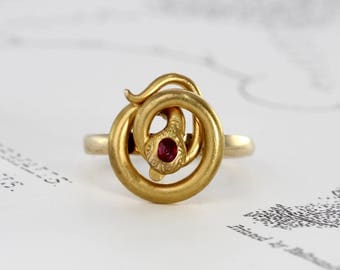 Antique Snake Ring, Victorian 14k & Ruby Snake Ouroboros Alternative Engagement Ring, Bohemian Statement Jewelry
