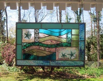 Star Waves - Fused Glass Starfish with Blue and Green Glass: Stained Glass Panel with Fused Glass Accents (approx 16.25" wide x 10.5" tall)