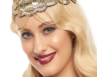 Black Gold Great Gatsby Flapper Headband Vintage inspired 1920s vibe Beaded Charleston Downton Abbey Sequin Mod Art Deco Black New Hand Made