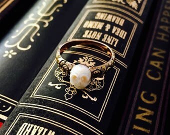 CUSTOM hand carved pearl skull ring, Georgian gold floral shank statement ring, solid 14k gold memento mori ring, antique style vanitas ring