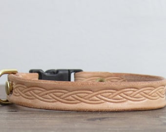 Purrfect Leather Cat Collar - Celtic Weave Pattern - Breakaway Safety Leather Cat Collar - Brass