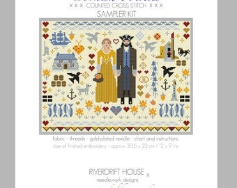 CROSS STITCH KIT Cornish Folkies Sampler by Riverdrift House