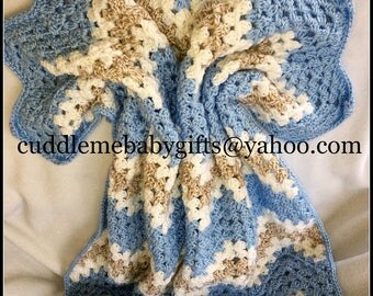Baby Shower Handmade Crochet Baby Blanket baby blue Brown White Baby Afghan Baby Shower Gift Baby Boy