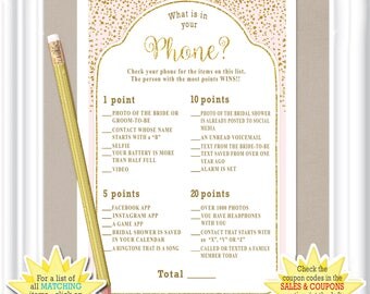 WHAT is in Your PHONE Bridal Shower game - gold accents & a pale blush color, Bachelorette party game, diy PRINTABLE, 29BR