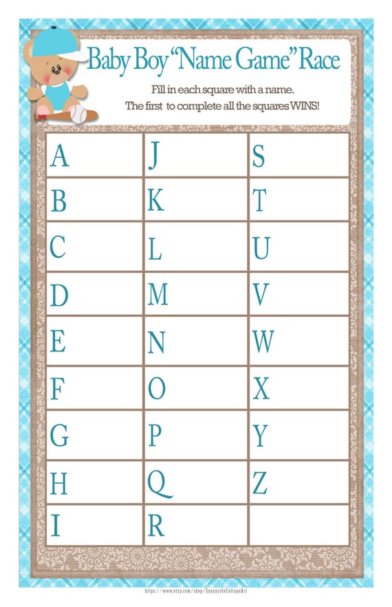 Baby boy NAME GAME RACE shower activity by SunnysideCottageArt