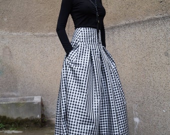 Gingham Lovely Black and White Long Maxi Skirt/High or Low Waist Skirt/Long Waistband Skirt/Fashion Skirt/ Pleated Skirt/ Maxi Skirt/ F1578