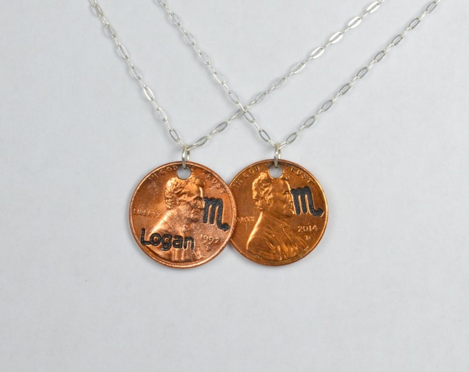 Scorpio Necklace, Scorpio Pendant, Birthday Necklace, Birthday Necklace, Scorpio Birthday, Lucky Penny, Penny Necklace, Birthday Gift