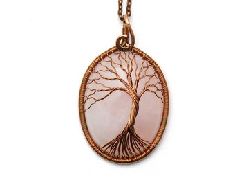 Tree-of-Life Pendant necklace Rose quartz necklace Rose quartz pendant Copper wire wrapped tree of life Wire wrapped pendant Gift for her