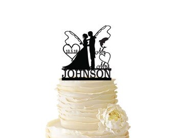 Mr. Mrs. with Bride and Groom - Fishing Poles With Date or Initials and Last Name - Standard Acrylic - Wedding - Fishing Cake Topper - 107