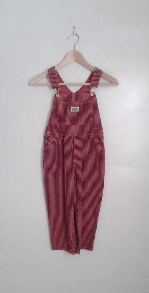 Vintage Kids' Oshkosh Neon Pink Navy Engineer Striped Denim Overalls Sz 5 Traditional Rustic