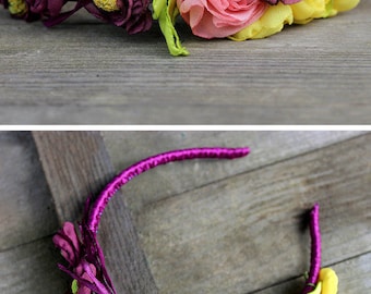 Purple flower crown adult headbands Boho floral crown headband Rustic wedding flower hair accessory Yellow purple flower headband Girl crown