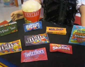 lot#31--18 inch Doll Movie Snacks /candy/popcorn/m&ms/razzles for American Girl doll, accessories, movie candy snacks doll food lot
