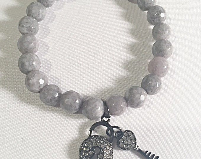 Love, Lock and key charm beaded crystal bracelet on stretch string. Natural Healing gray jade 8mm beads. Valentines gift, gift for her.