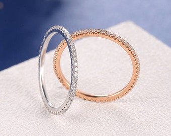 Diamond Wedding Band Women Rose Gold Eternity Band Stacking Bridal Set Diamond Thin Micro Dainty Simple Everyday Minimalist White Gold 1pc