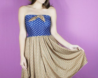 Vintage Blue Dress, Handmade Strapless Dress, Blue polka dot Dress Dress, Handmade retro dress, OOAK dress, BOW Dress, vintage dress