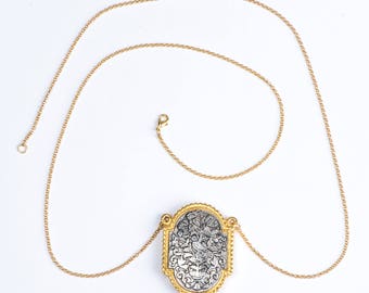 Vintage Statement Necklace Large Locket, Art Nouveau Perfume Pendant, Love Gift, Perfume Necklace, Long Chain Pendant