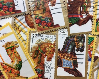 30 Vintage Stamps, Carousel Horses, Used Stamps, Carousel Animals, Carousel Party, Postage Stamps, Carousel invitations