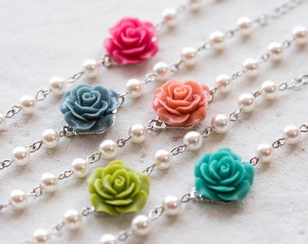 Bridesmaid Bracelet, Flower Girl Bracelet, Dusty Blue Hot Pink Fuchsia Coral Orange Green Teal Rose with Cream White Pearls Bracelet