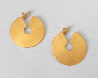 SALE, Gold Plated Earrings,Geometric Earrings, Brass Earrings, Modern Earrings, Disc Earrings, Hoop Earrings,Gift For Her, Fall's trend