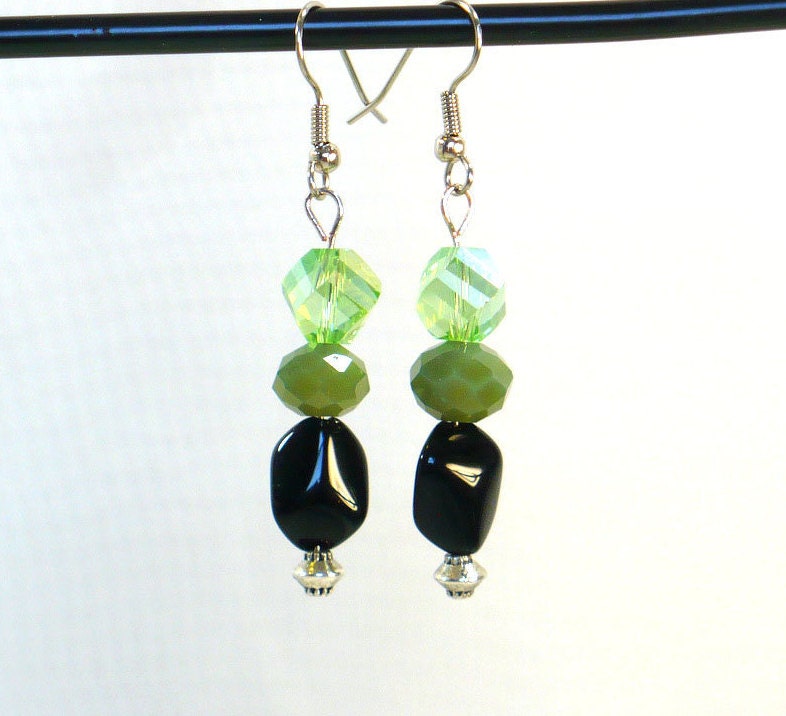 Green & Black Earrings Glass Bead Dangle Earrings