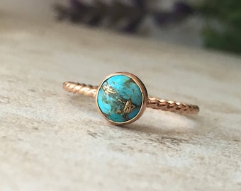 6 mm Copper Turquoise Ring - 14K Rose Gold Filled Twisted Rope Ring - Stackable Ring