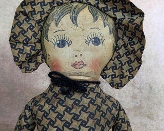 vintage handmade doll, cloth doll, rag doll, primitive fabric doll, folk art doll, Nelly Kelly