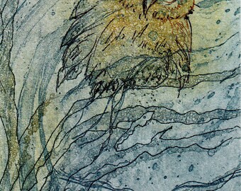 OWL forest nature ACEO original etching illustration graphic print collecting art wedding birthday gift