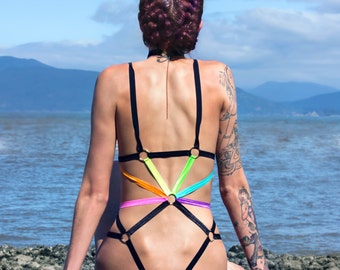 Festival Clothing Rainbow Body Harness Bodysuit: Body Cage, Rainbow Clothing, Festival Outfit, Pride Clothing, EDM Clothing, Sexy Bodysuit