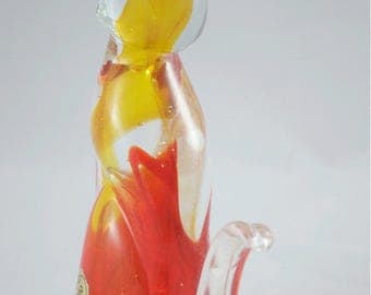 Murano Italian Glass Art Cat Figure / Orange Yellow Clear / Handblown
