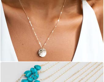 Chain Choker Necklace, Turquoise Necklace Beaded Choker, Simple Gold Choker Necklace in Sterling Silver, Rose Gold Filled, Gold Filled -B4