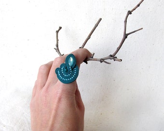 Statement ring For woman gift Unique rings Teal jewelry Fashion ring Gift|for|her Large ring Blue green ring Aqua Opal rhinestone Soutache