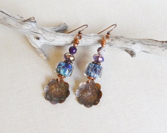 Maï.Beautiful Purple Violet,Rustic,Urban Chic,Bijoux,faits Main,Unique,Woman Gift,Shibuichi,Copper Blossoms,Yeelen Spirit Artisan Earrings