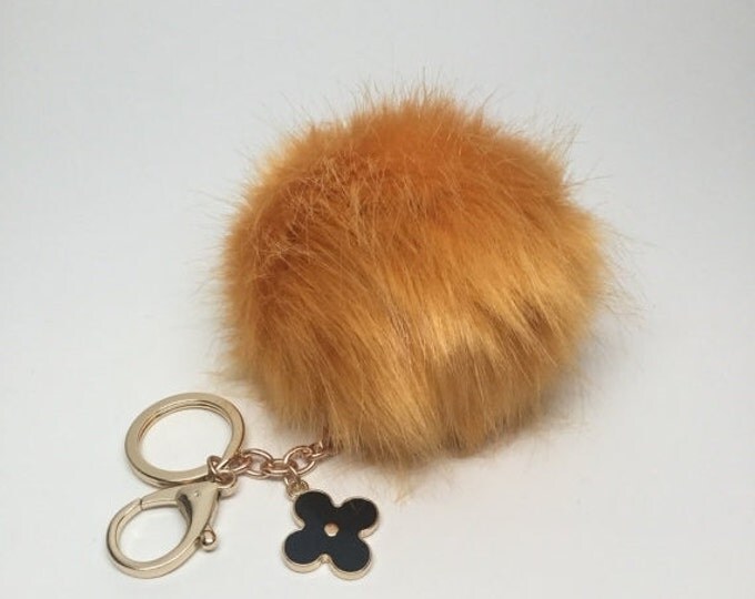 Dusty Yellow Faux Rabbit Fur Pom Pom bag Keyring keychain fake ball puff