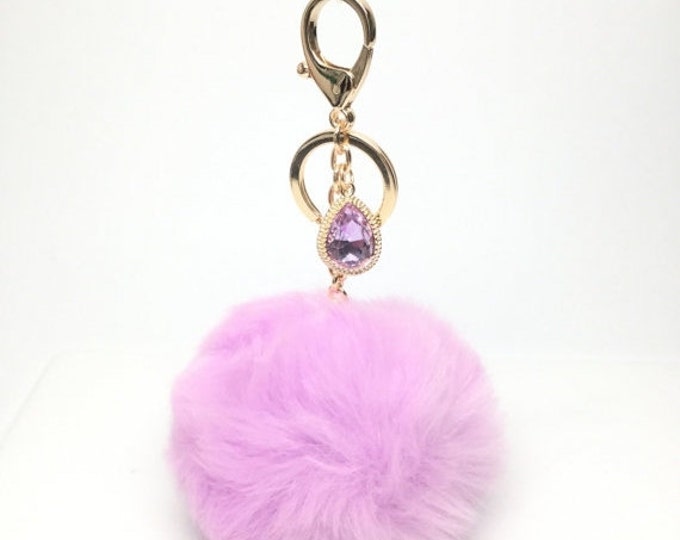 NEW! Faux Rabbit Fur Pom Pom bag Keyring keychain artificial fur puff ball in Lavender Crystals Collection