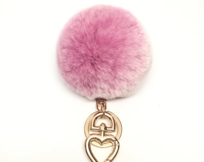 Heart Fur Pompom Keychain Rabbit Fur Ball Bag Charm Lavender Pink Frost