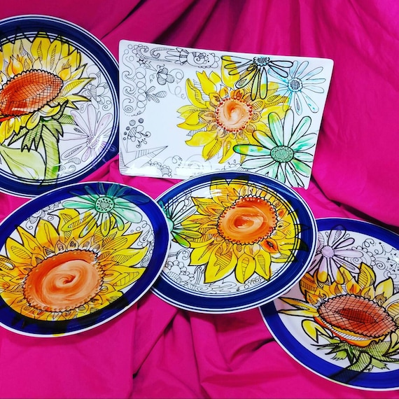 Sunflower design plates and platter set in blue and yellow handpainted Painted with Pebeo Porcelain 150 water based paint that is food safe