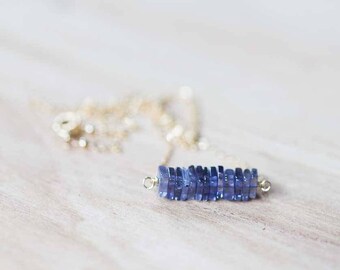 Square Iolite Bar Necklace on Rose Gold Filled, Oxidized Sterling or Sterling Silver Chain, Delicate Iolite Jewelry, Blue Gemstone Necklace